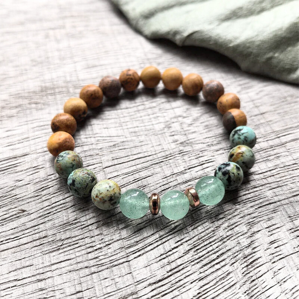 African Turquoise, Green Aventurine, Green Strawberry Quartz and Picture Jasper Mala Bead Necklace - Heart Healing & Emotional Balance