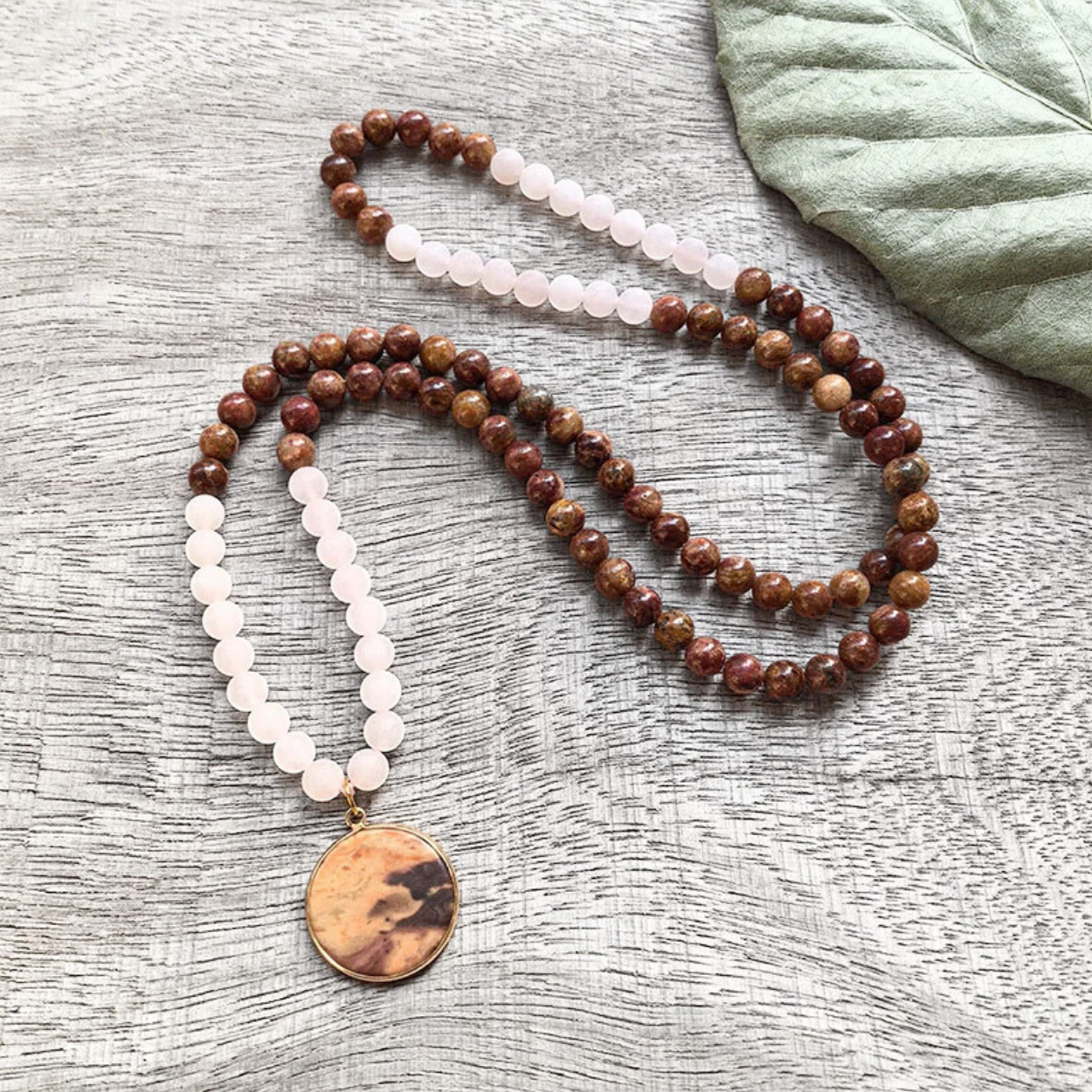 Red Jasper and Matte Rose Quartz Mala Bead Necklace - Inner Courage & Heart Connection