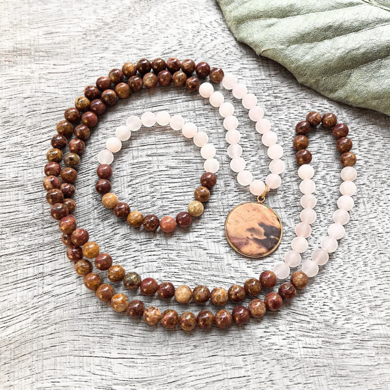 Red Jasper and Matte Rose Quartz Mala Bead Necklace - Inner Courage & Heart Connection