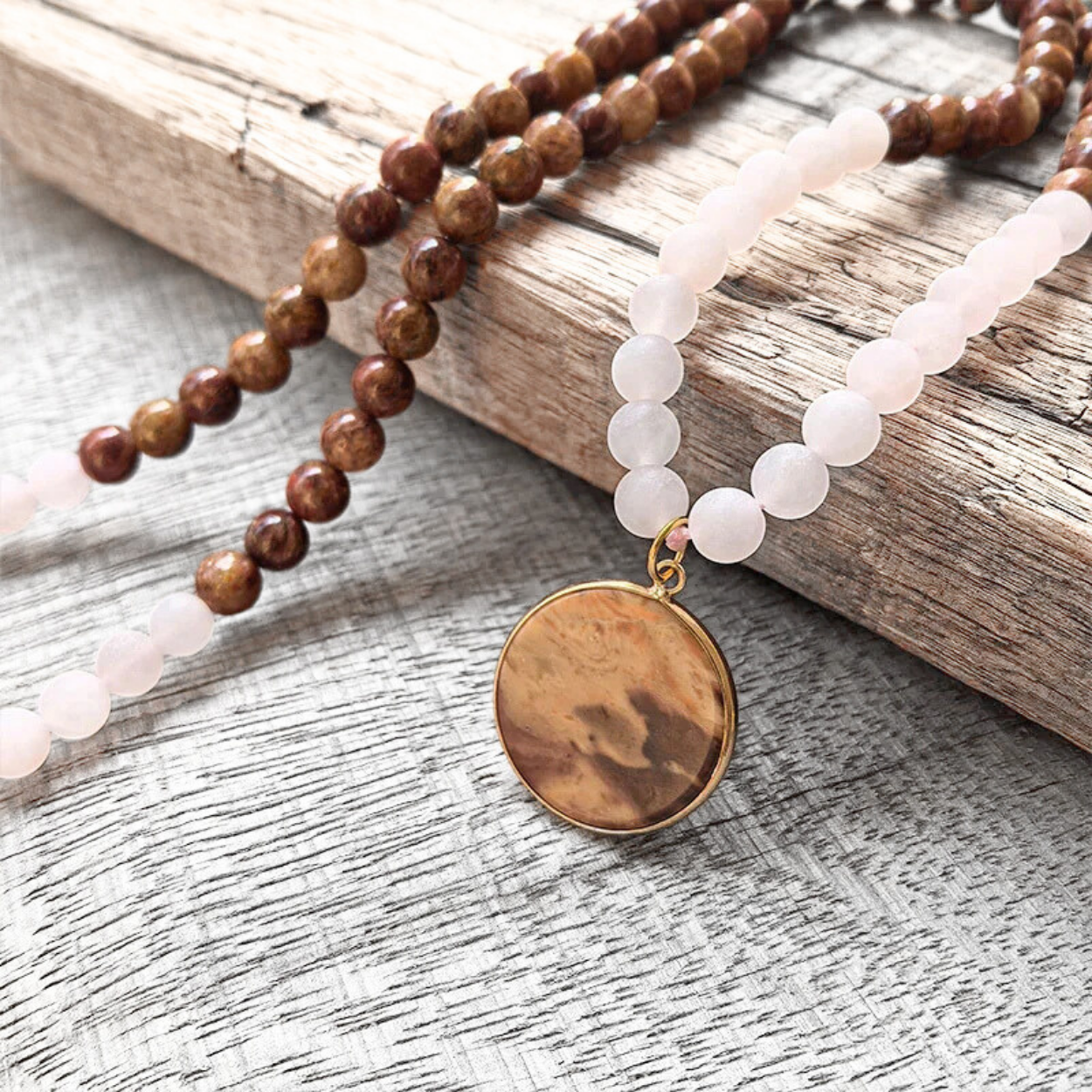 Red Jasper and Matte Rose Quartz Mala Bead Necklace - Inner Courage & Heart Connection