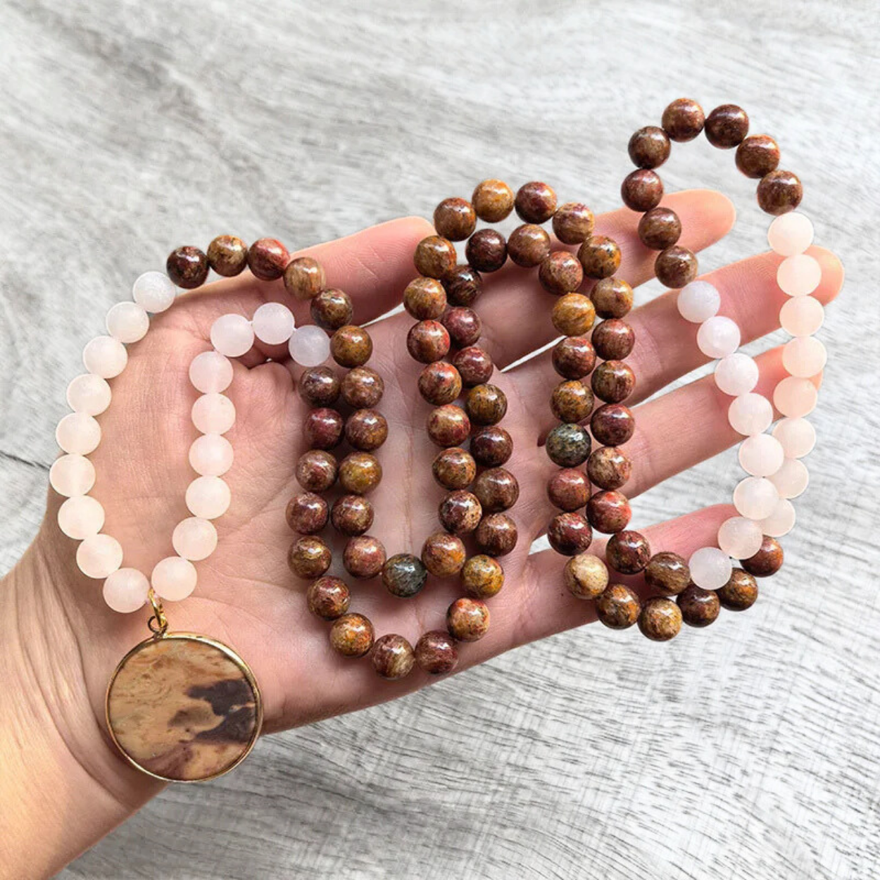 Red Jasper and Matte Rose Quartz Mala Bead Necklace - Inner Courage & Heart Connection