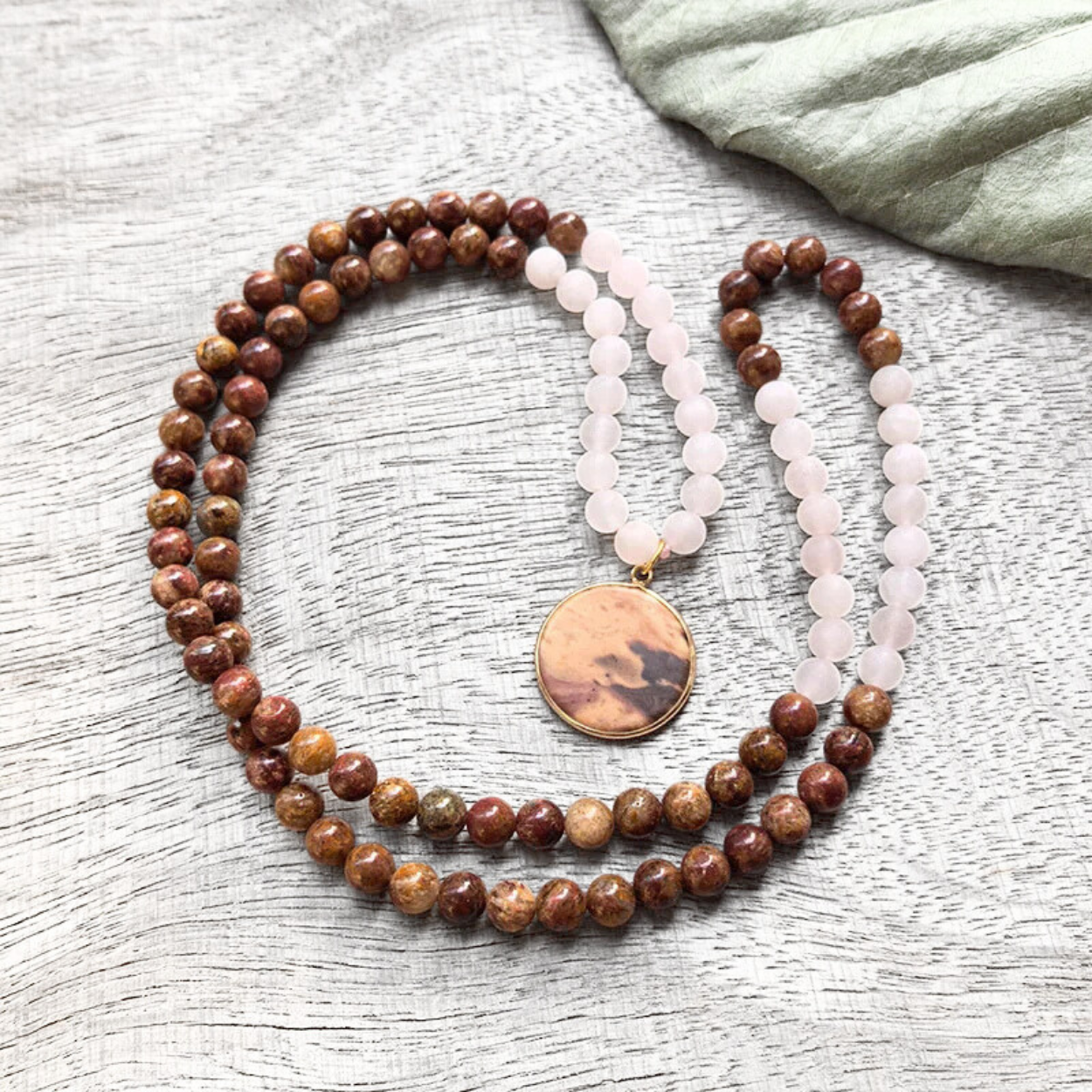 Red Jasper and Matte Rose Quartz Mala Bead Necklace - Inner Courage & Heart Connection