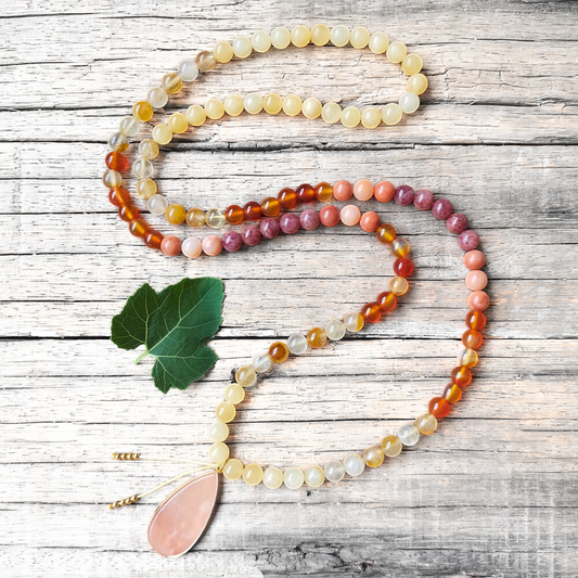 Yellow Jasper, Fire Quartz, Red Onyx, and Pink Aventurine Mala Necklace - Vitality and Balance