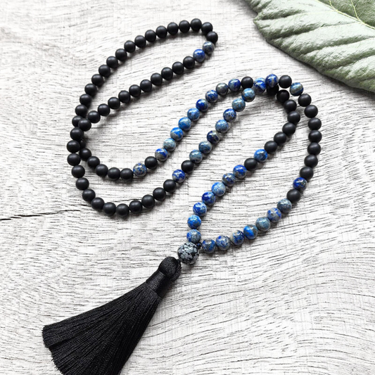Lapis Lazuli, Black Onyx and Snowflake Obsidian Mala Bead Necklace