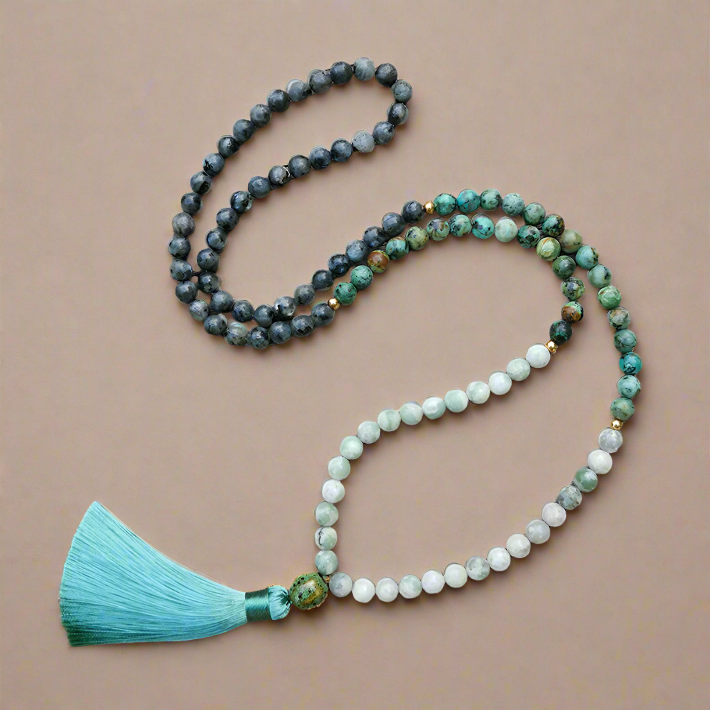 Lucky Jasper, African Turquoise, and Larvikite Mala Necklace - Harmony and Balance