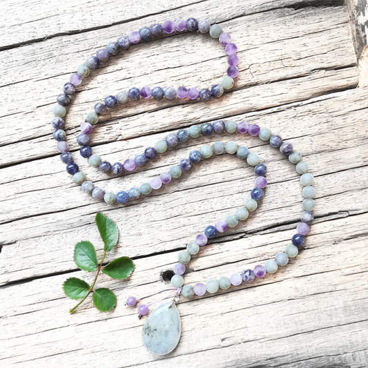 Cordierite, Labradorite, and Amethyst Mala Necklace - Intuition and Balance