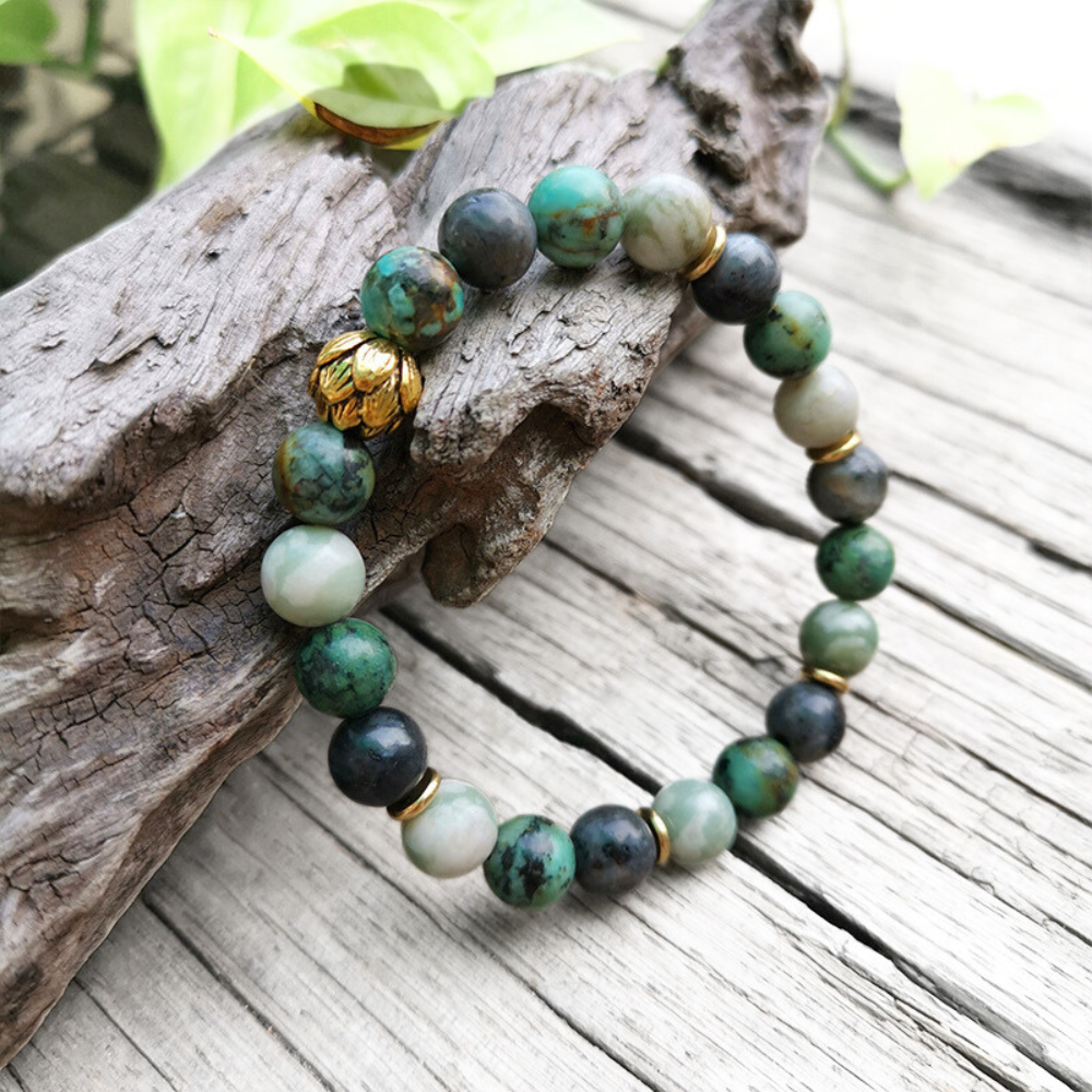 Lucky Jasper, African Turquoise, and Larvikite Mala Bracelet - Harmony and Balance