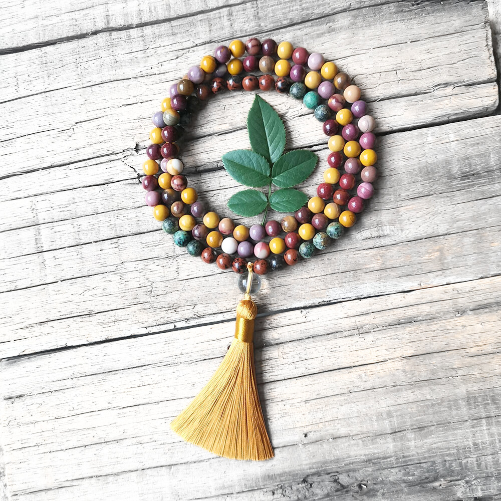 Mookaite and African Turquoise Mala Necklace with Yellow Tassel - Balance and Growth