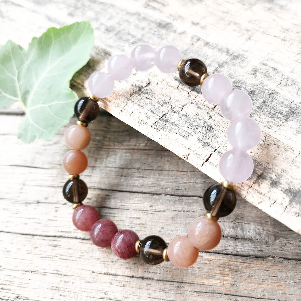 Rose Quartz, Sunstone, Strawberry Quartz & Smoky Quartz Bracelet - Emotional Balance and Inner Strength