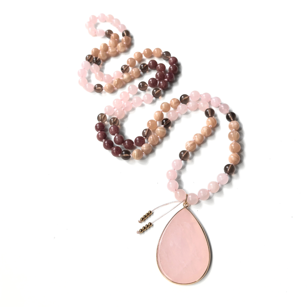 Rose Quartz, Sunstone, Strawberry Quartz & Smoky Quartz Mala Necklace - Emotional Balance & Inner Strength