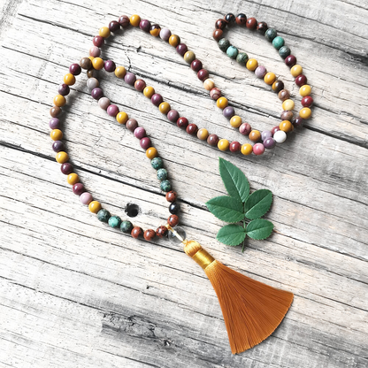 Mookaite and African Turquoise Mala Necklace with Yellow Tassel – Balance and Growth