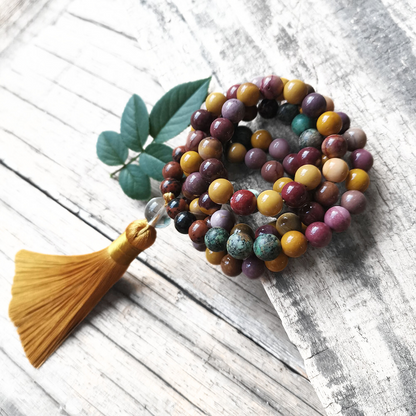 Mookaite and African Turquoise Mala Necklace with Yellow Tassel – Balance and Growth