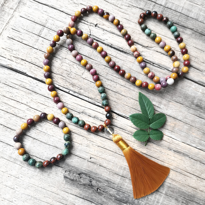 Mookaite and African Turquoise Mala Necklace with Yellow Tassel – Balance and Growth