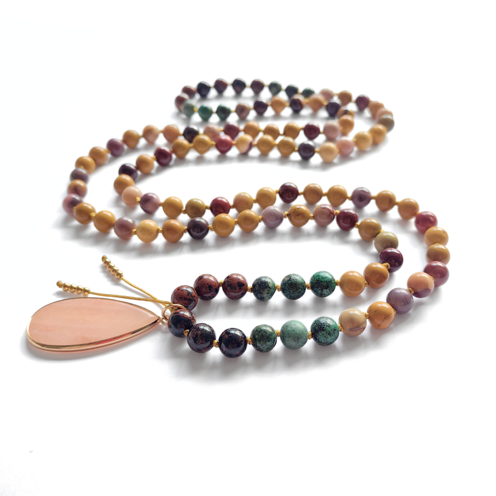 Mookaite and African Turquoise Mala Necklace with Pink Aventurine Pendant – Balance and Growth