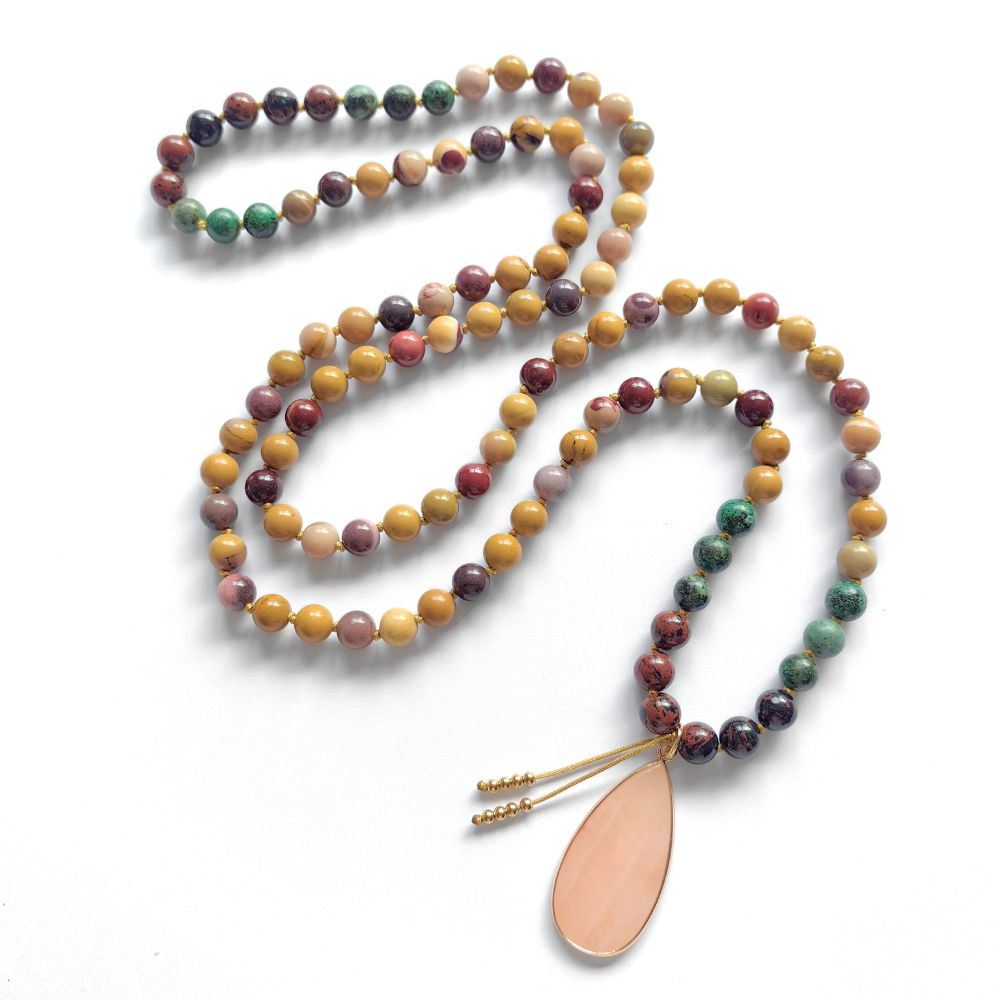 Mookaite and African Turquoise Mala Necklace with Pink Aventurine Pendant – Balance and Growth