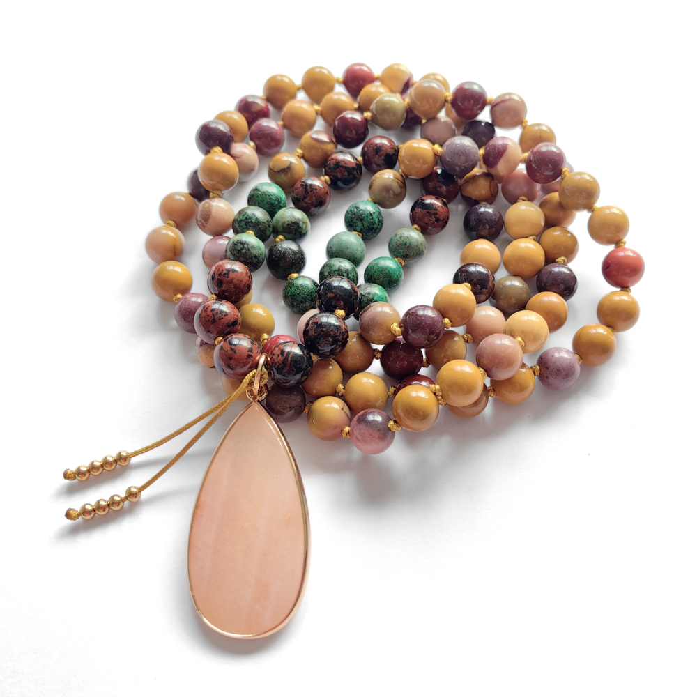 Mookaite and African Turquoise Mala Necklace with Pink Aventurine Pendant – Balance and Growth