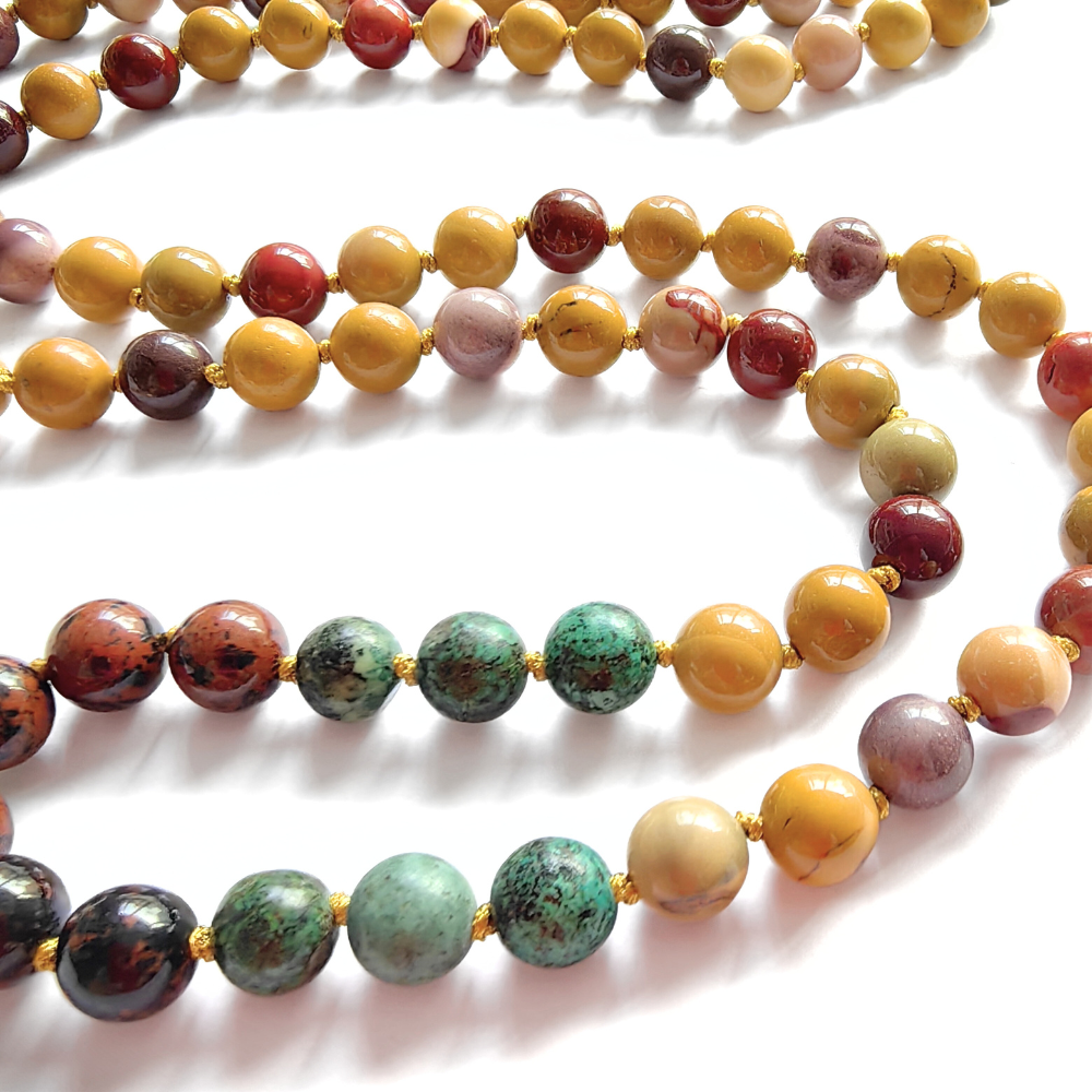 Mookaite and African Turquoise Mala Necklace with Pink Aventurine Pendant – Balance and Growth