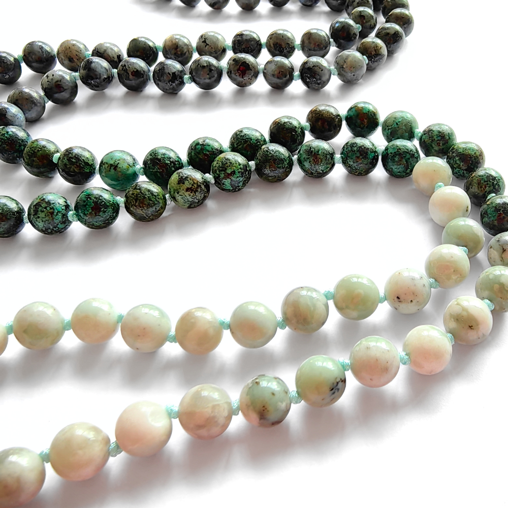 Lucky Jasper, African Turquoise, and Larvikite Mala Necklace – Harmony and Balance