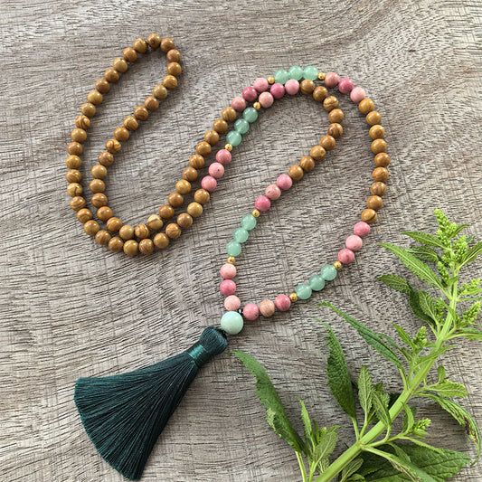 Olive Wood, Rhodonite and Amazonite Mala Bead Necklace - Emotional Balance and Calming Energy
