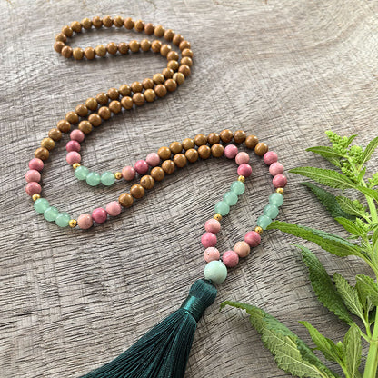 Olive Wood, Rhodonite and Amazonite Mala Bead Necklace - Emotional Balance and Calming Energy