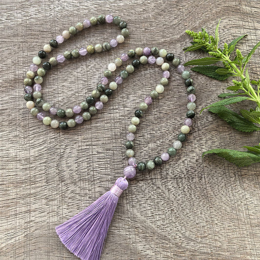 Lepidolite, Labradorite and Grey Agate Mala Necklace - Emotional balance & Inner strength