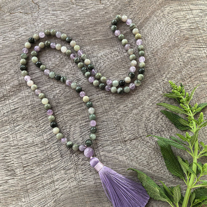 Lepidolite, Labradorite and Grey Agate Mala Necklace - Emotional balance & Inner strength