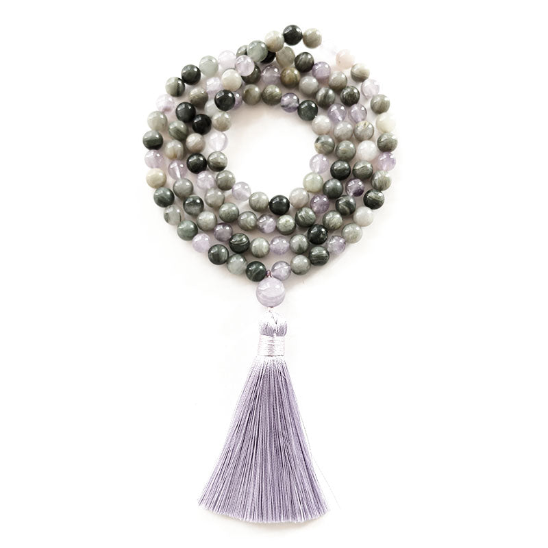 Lepidolite, Labradorite and Grey Agate Mala Necklace - Emotional balance & Inner strength