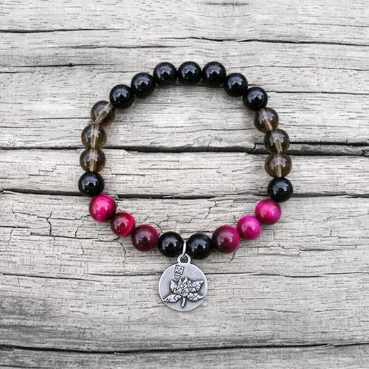 Pink Tiger Eye, Smoky Quartz, and Black Onyx Mala Bracelet – Grounding and Protection