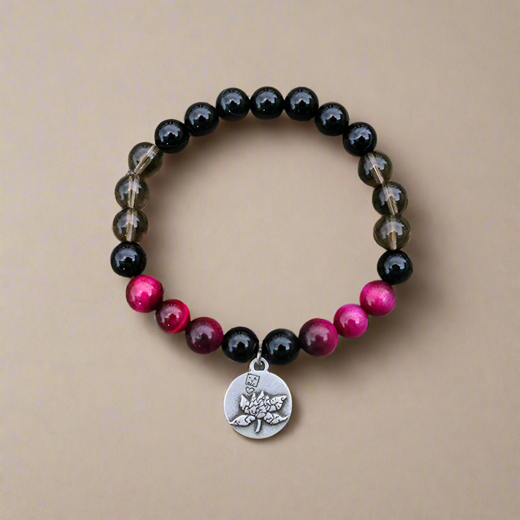 Pink Tiger Eye, Smoky Quartz, and Black Onyx Mala Bracelet – Grounding and Protection