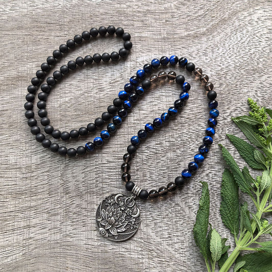 Blue Tiger’s Eye and Black Onyx Mala Bead Necklace – Focus and Protection