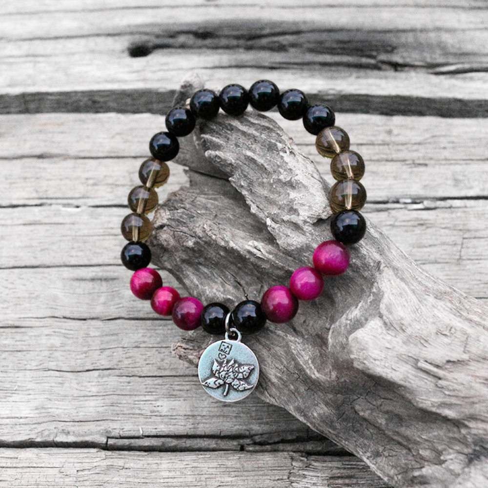 Pink Tiger Eye, Smoky Quartz, and Black Onyx Mala Bracelet – Grounding and Protection