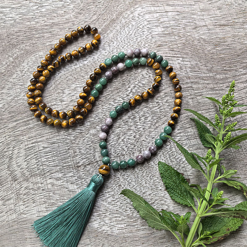 Tiger’s Eye and Green Jade Mala Bead Necklace – Strength and Harmony