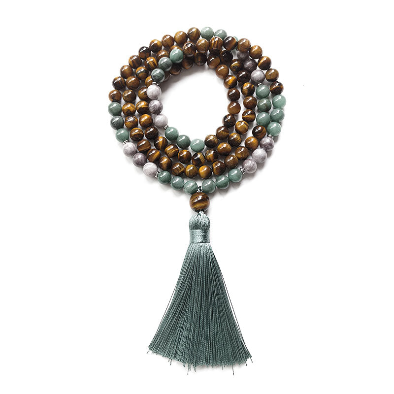 Tiger’s Eye and Green Jade Mala Bead Necklace – Strength and Harmony