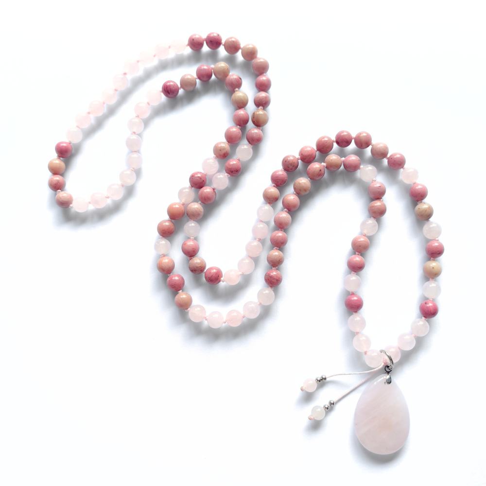 Rose Quartz and Rhodonite Mala Necklace with Rose Quartz Pendant – Love and Compassion