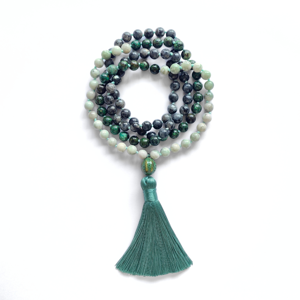 Lucky Jasper, African Turquoise, and Larvikite Mala Necklace – Harmony and Balance