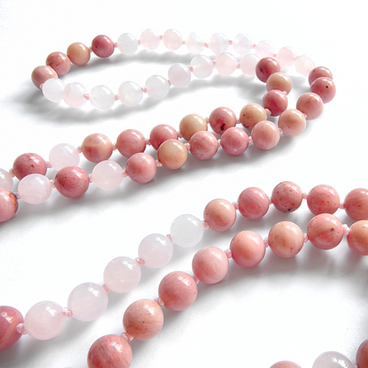 Rose Quartz and Rhodonite Mala Necklace with Rose Quartz Pendant – Love and Compassion