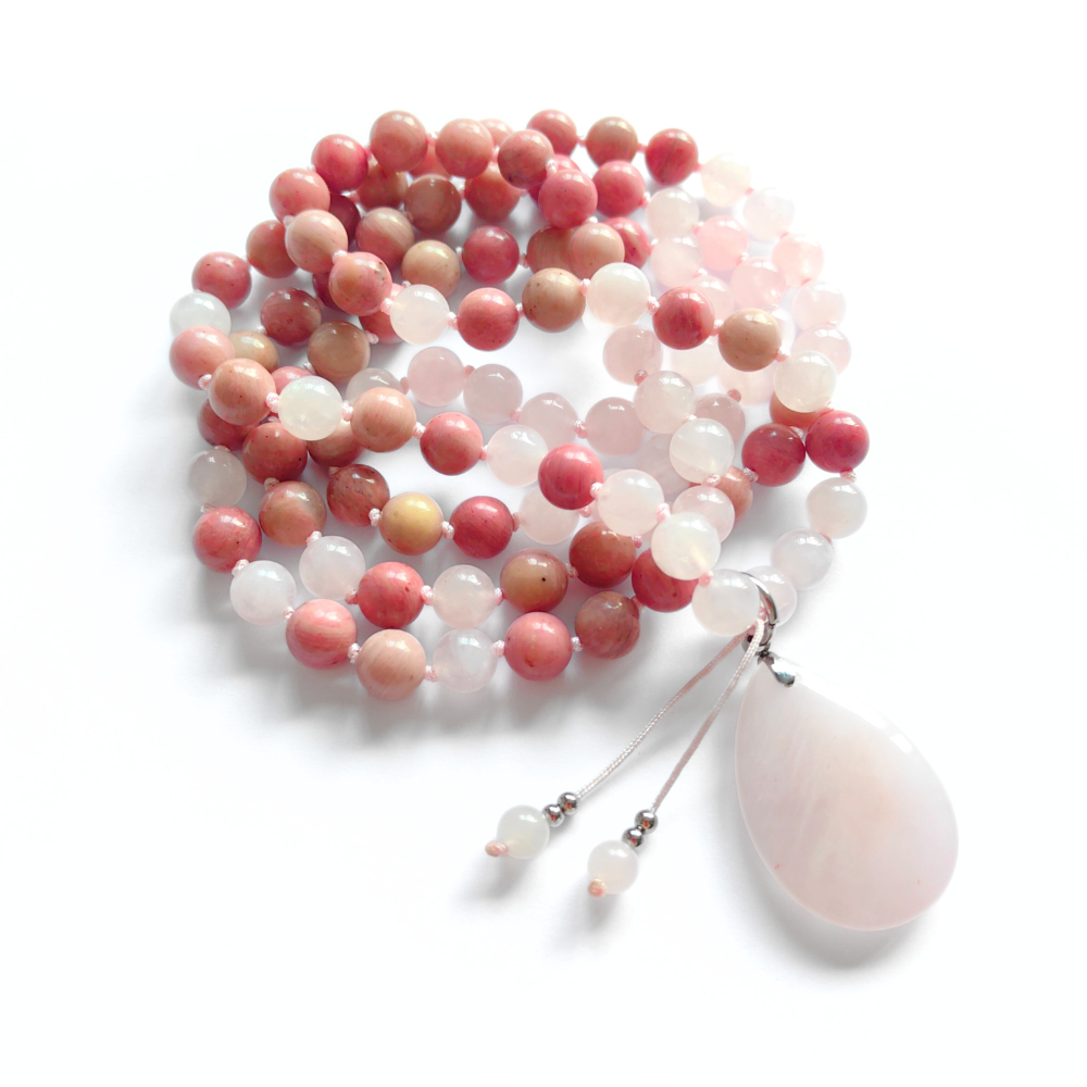 Rose Quartz and Rhodonite Mala Necklace with Rose Quartz Pendant – Love and Compassion