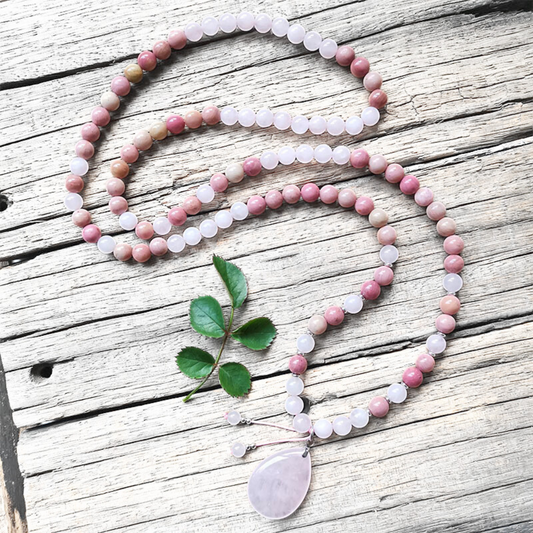 Rose Quartz and Rhodonite Mala Necklace with Rose Quartz Pendant – Love and Compassion