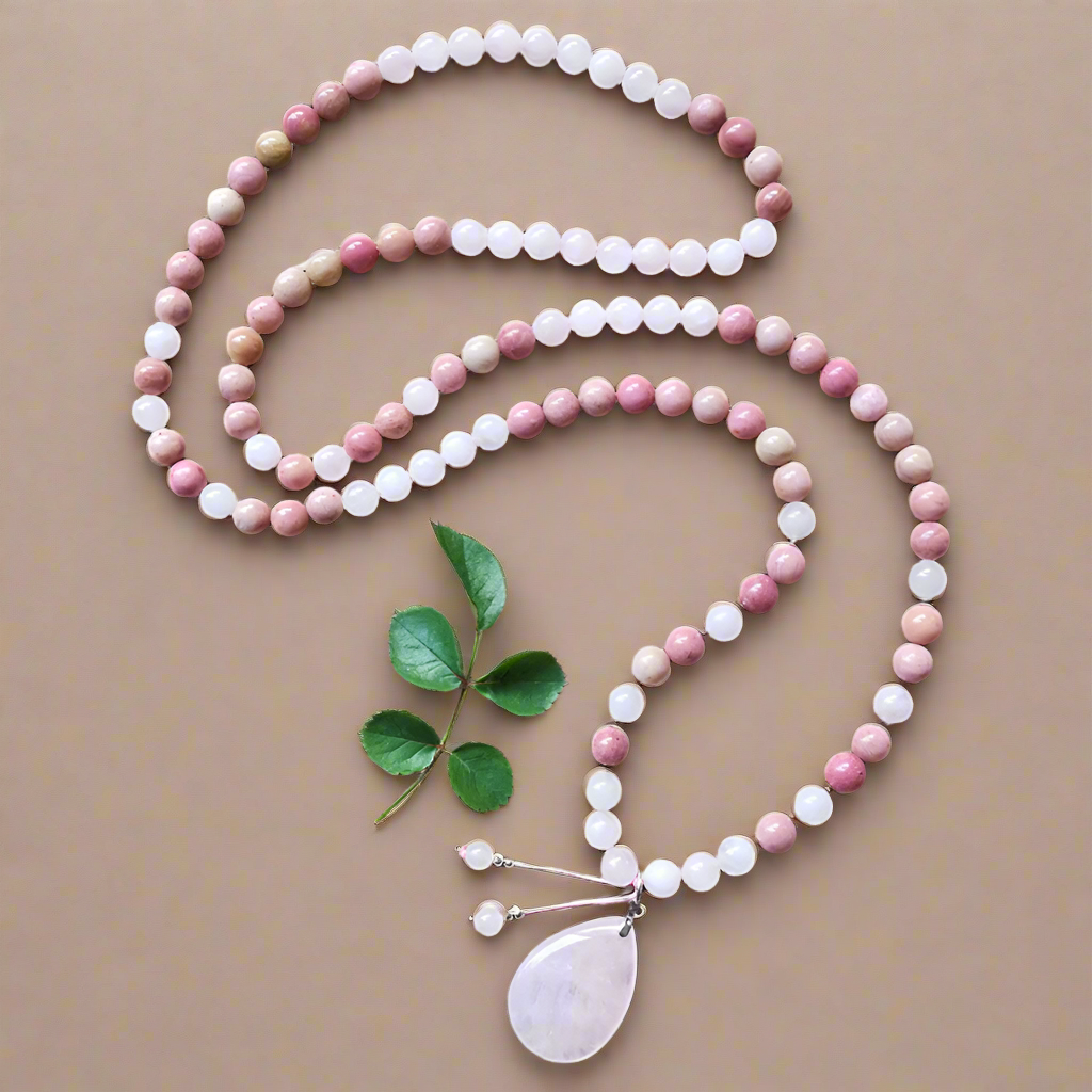 Rose Quartz and Rhodonite Mala Necklace with Rose Quartz Pendant – Love and Compassion