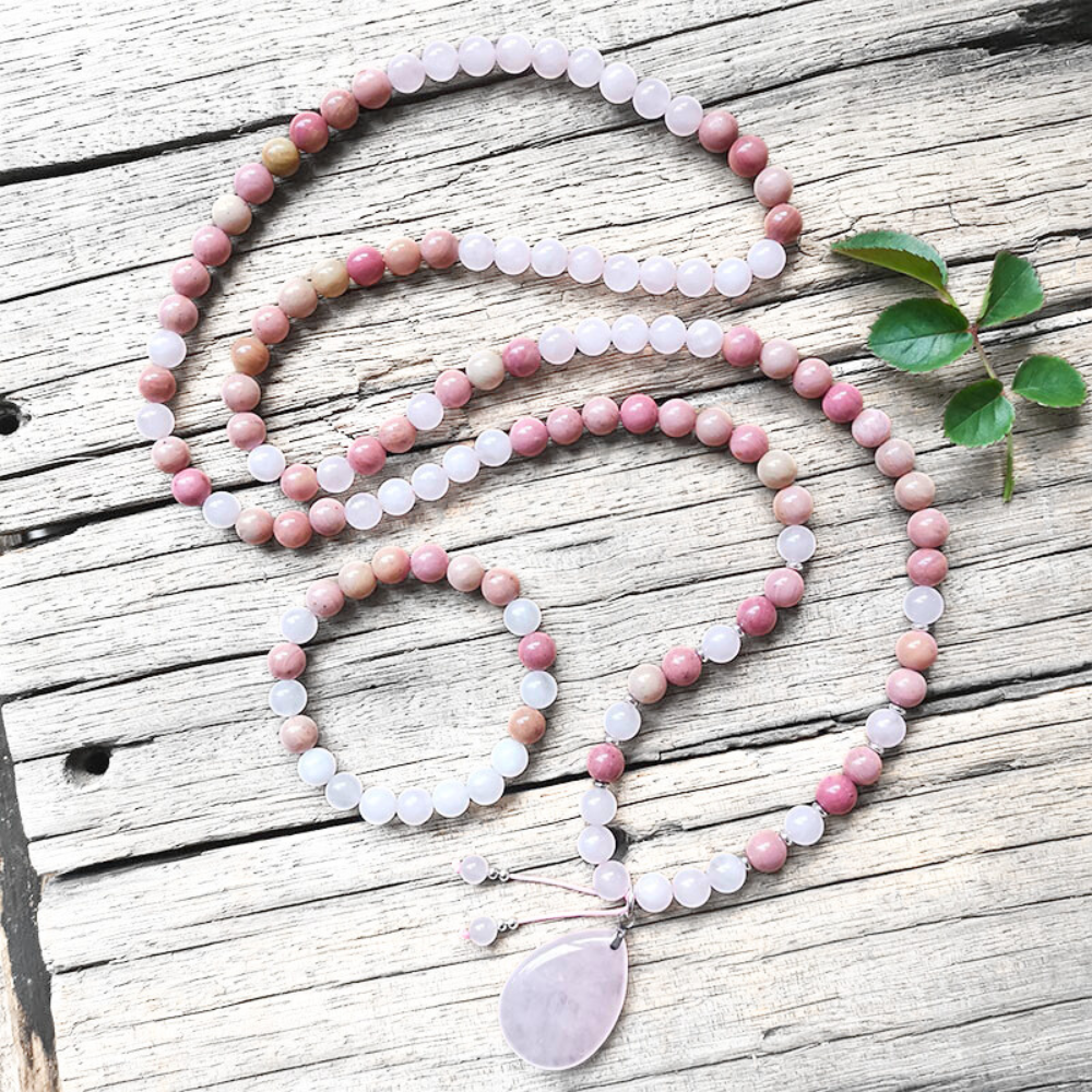 Rose Quartz and Rhodonite Mala Necklace with Rose Quartz Pendant – Love and Compassion