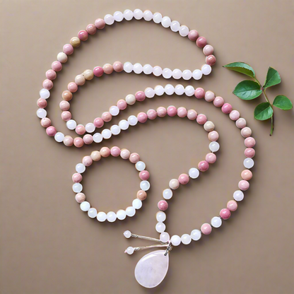 Rose Quartz and Rhodonite Mala Necklace with Rose Quartz Pendant – Love and Compassion