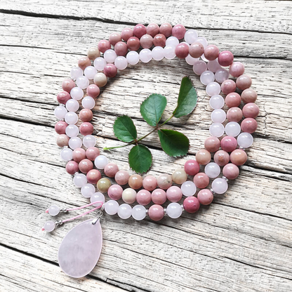 Rose Quartz and Rhodonite Mala Necklace with Rose Quartz Pendant – Love and Compassion