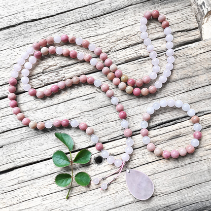 Rose Quartz and Rhodonite Mala Necklace with Rose Quartz Pendant – Love and Compassion