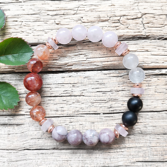 Rose Quartz, Black Onyx, Fire Quartz Mala Bracelet – Harmony and Protection