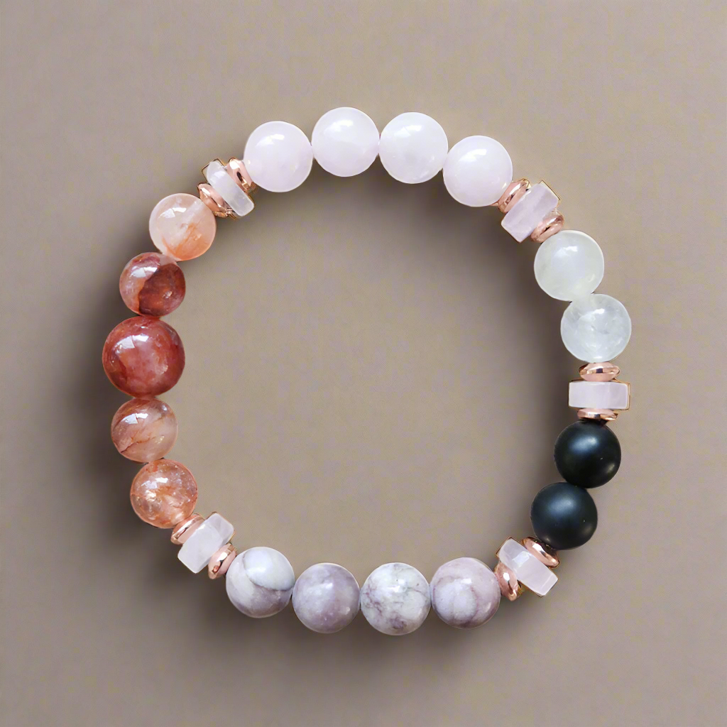 Rose Quartz, Black Onyx, Fire Quartz Mala Bracelet – Harmony and Protection