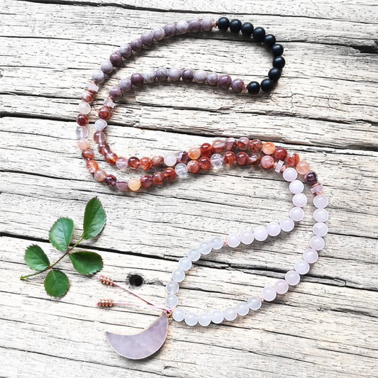 Rose Quartz, Black Onyx, Fire Quartz Mala Necklace with Rose Quartz Moon Pendant – Harmony and Protection