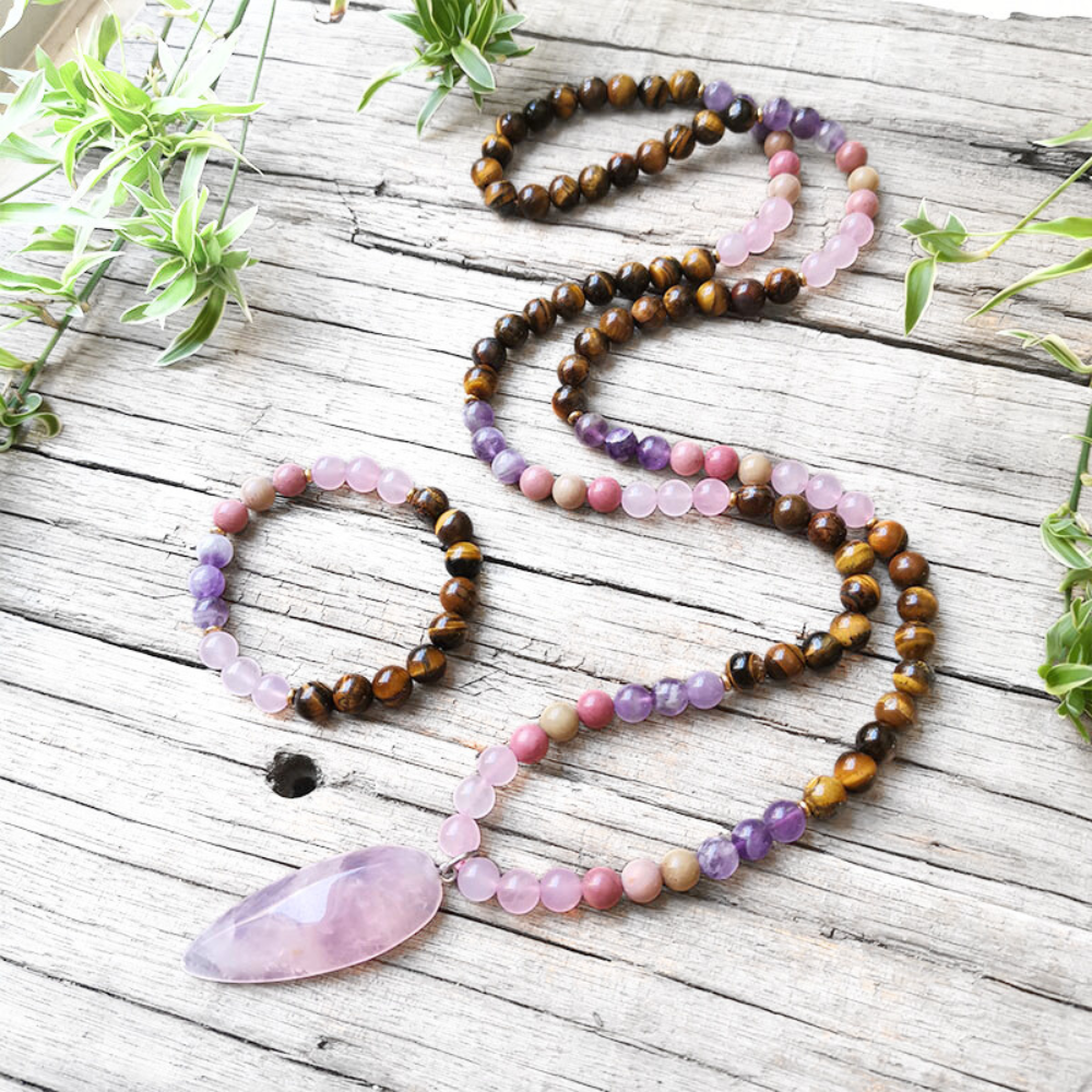 Tiger Eye, Amethyst, Rose Quartz and Rhodonite Mala with Rose Quartz Pendant – Courage and Compassion