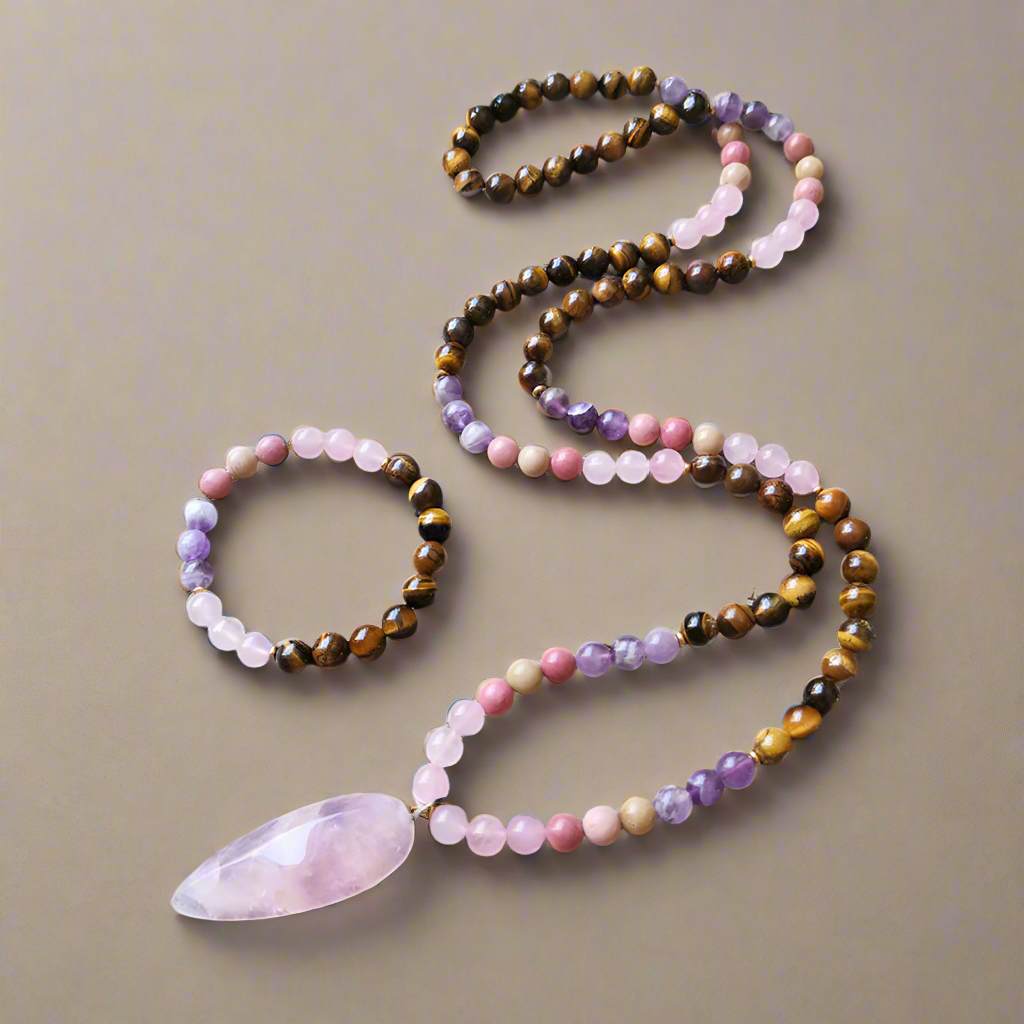 Tiger Eye, Amethyst, Rose Quartz and Rhodonite Mala with Rose Quartz Pendant – Courage and Compassion