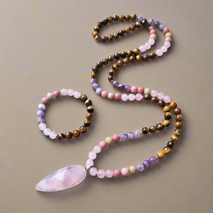 Tiger Eye, Amethyst, Rose Quartz and Rhodonite Mala with Rose Quartz Pendant – Courage and Compassion