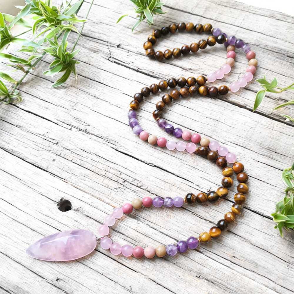 Tiger Eye, Amethyst, Rose Quartz and Rhodonite Mala with Rose Quartz Pendant – Courage and Compassion